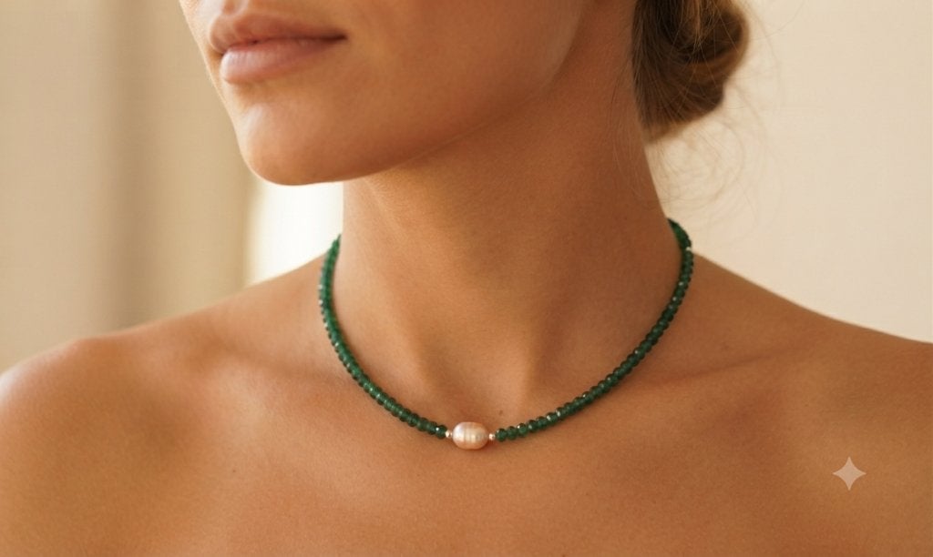 Elegante Aventurijn Ketting Smaragd kleur Echte Witte Parel, Nieuw, Ophalen of Verzenden, Steen of Mineraal, Met edelsteen