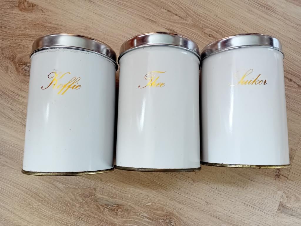 3 blikken koffie, thee, suiker, Antiek en Kunst, Antiek | Keukenbenodigdheden, Verzenden
