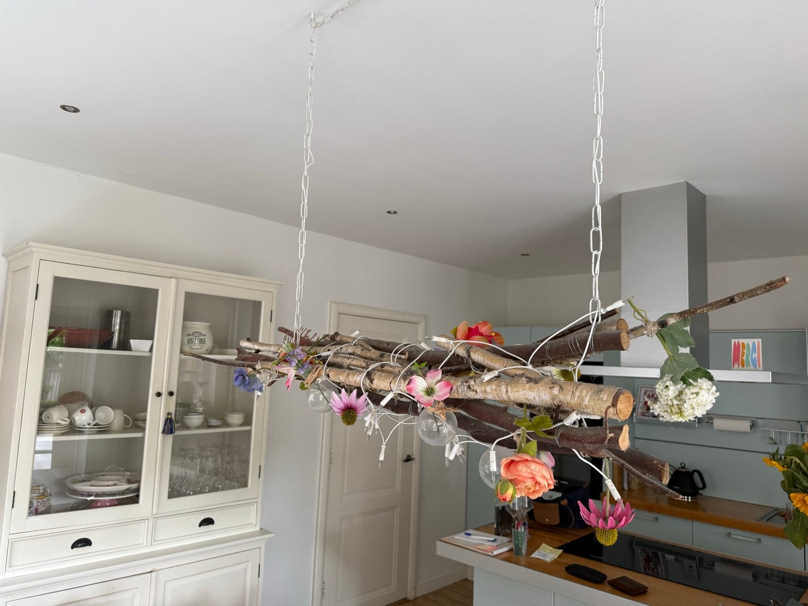 Hanglamp met takken, bloemen en sfeervolle lichtjes, Ophalen, Gebruikt, Hout