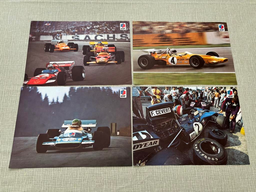 Set 4 vintage F1 Elf foto's Stewart, Cevert, Hulme jaren '70, Ophalen of Verzenden, Gebruikt, Formule 1