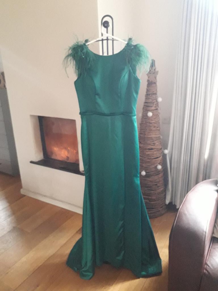 Eliza Couture Smaragd Groene Galajurk Maat 36 met Veertjes, Kleding | Dames, Galajurk, Eliza Couture, Ophalen of Verzenden, Zo goed als nieuw