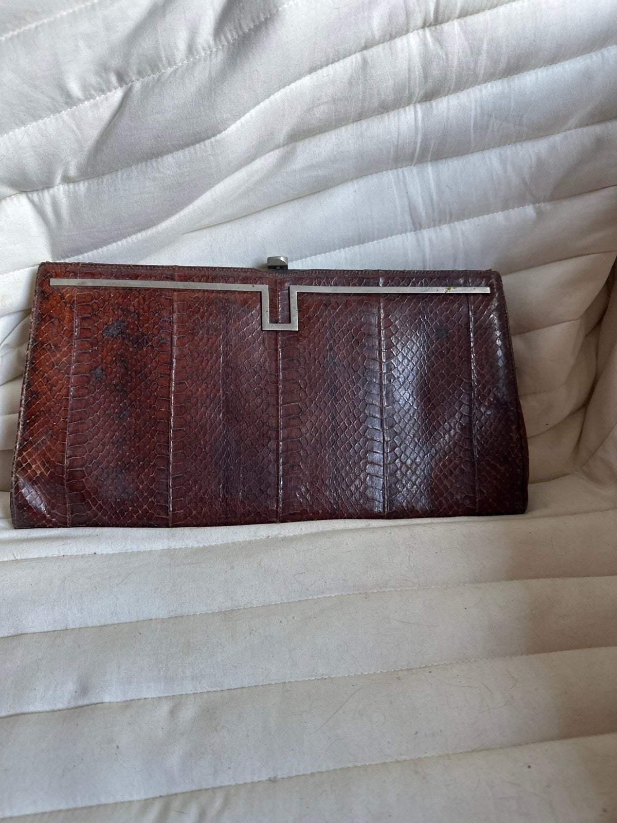 Vintage Bruine Slangenleren Clutch Avondtasje, Ophalen, Gebruikt, Bruin, Avondtasje