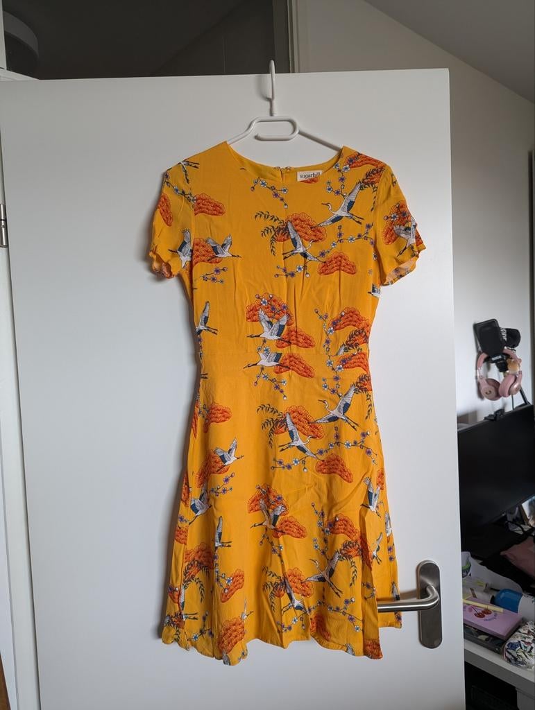 Sugar Hill Brighton jurk, geel met kraanvogels, maat XS, Kleding | Dames, Sugar Hill Brighton, Geel, Ophalen of Verzenden, Zo goed als nieuw