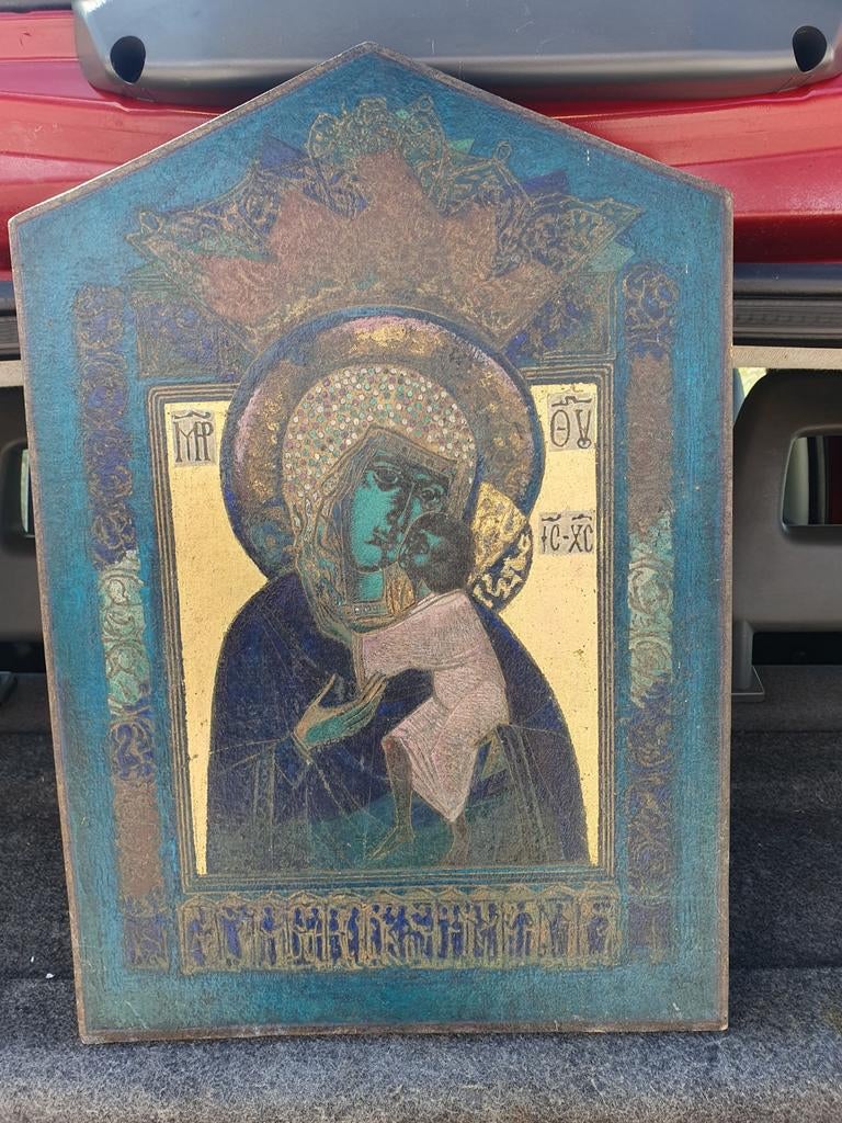 Antieke Russische Icoon Moeder Gods met Kind, Ophalen of Verzenden