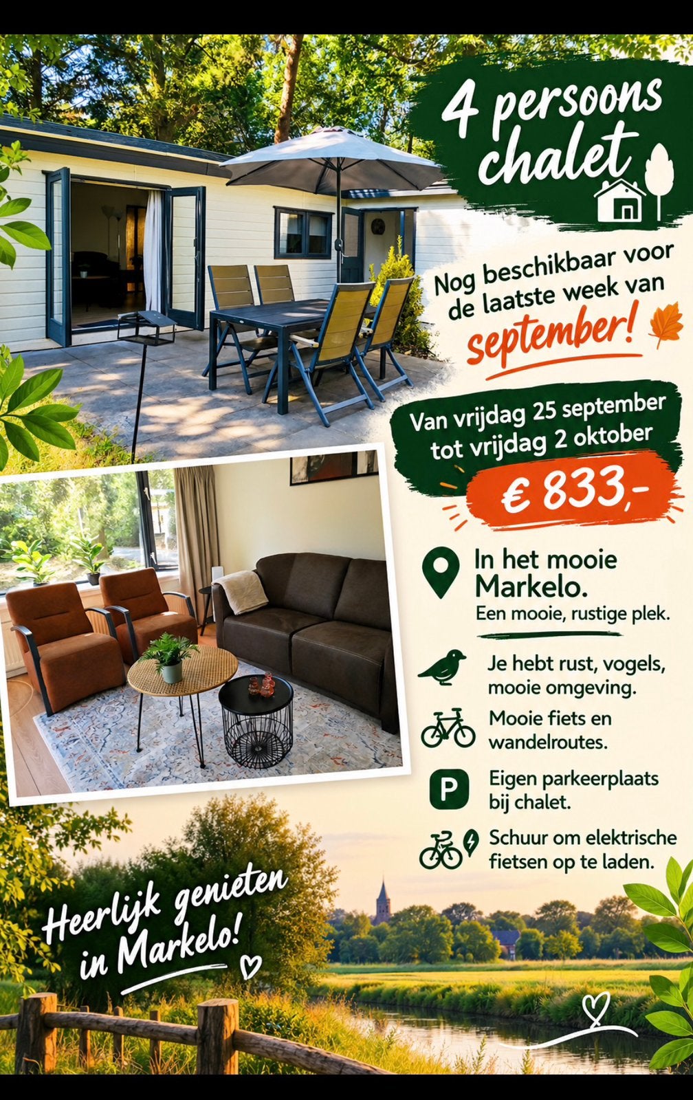 Overnachten in Markelo. Vakantie, rust en natuur., 2 slaapkamers, Zwembad, Chalet, Bungalow of Caravan, 4 personen