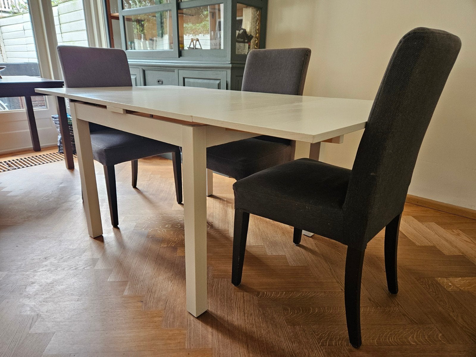 Ikea BJURSTA uitschuifbare eettafel wit 90x90/168cm, Ophalen, Gebruikt, Rechthoekig, 50 tot 100 cm