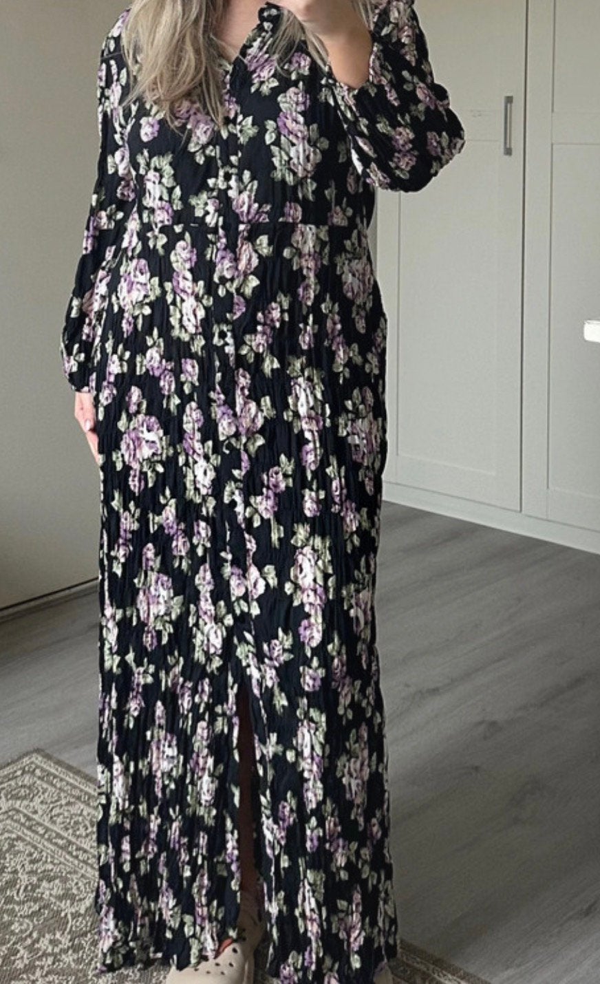 Zara zwarte lange jurk met bloemen, lange mouwen en stretch, Meerkleurig, Ophalen of Verzenden, Zo goed als nieuw, Maat 36 (S)
