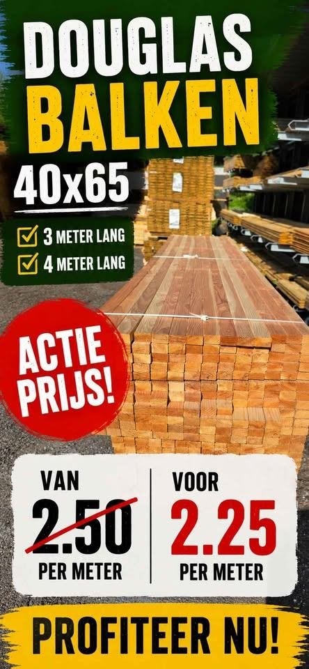 Nieuwe douglas balkjes 40x65 3 en 4 meter, Ophalen, Nieuw, 250 cm of meer, Balken