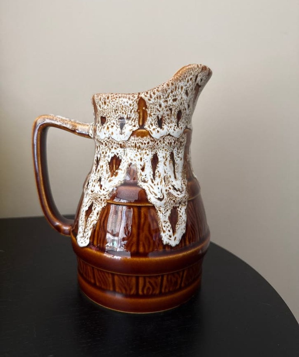 Keramieken Lava Kruik - Vintage Bruin met Wit Glazuur, Ophalen of Verzenden