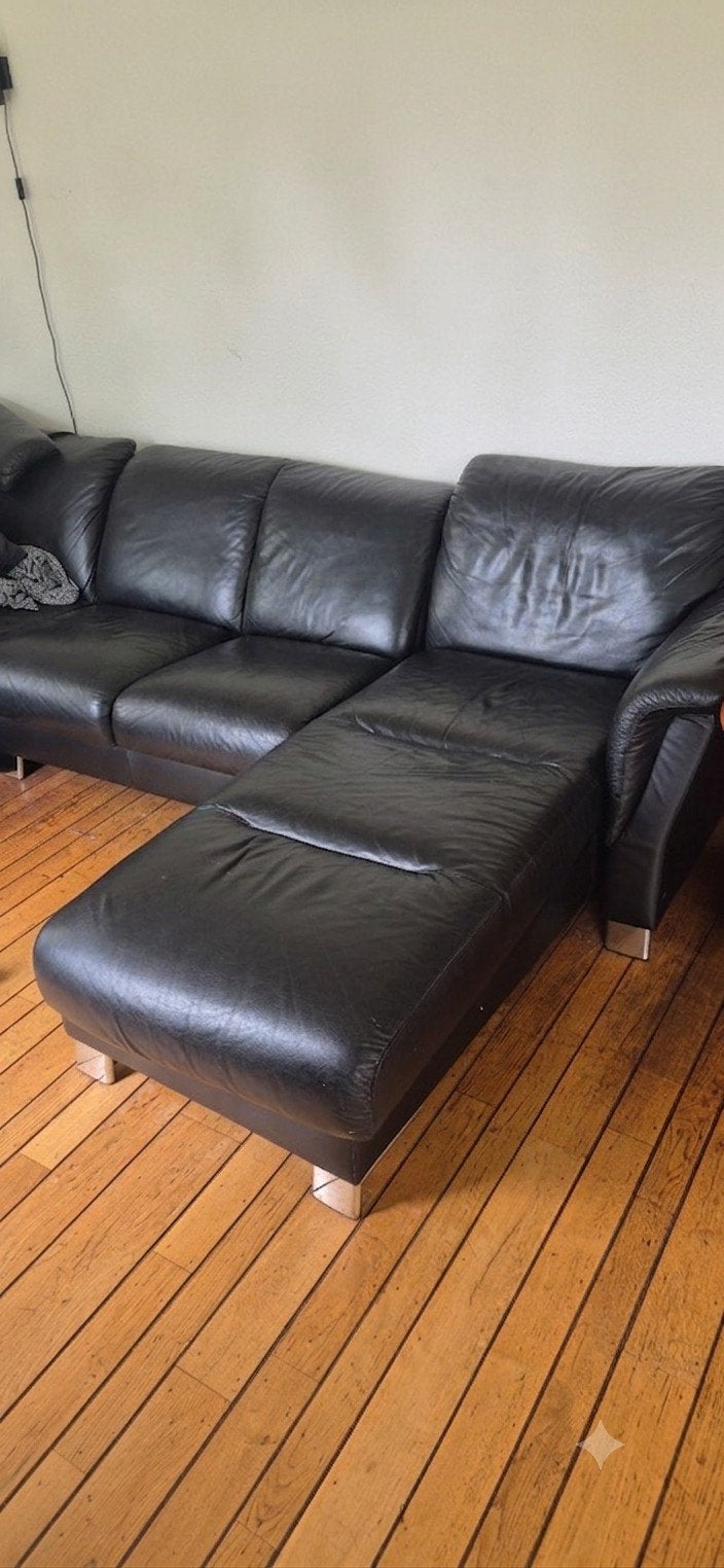 Zwarte leren u bank, Ophalen, 250 tot 300 cm, Gebruikt, 100 tot 125 cm