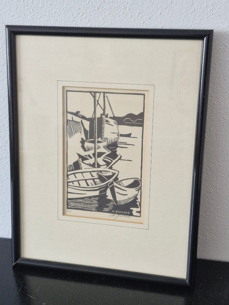 kunst / linosnede M. Grimaud, Antiek en Kunst, Ophalen of Verzenden, Gesigneerd, Houtsnede, 36 cm