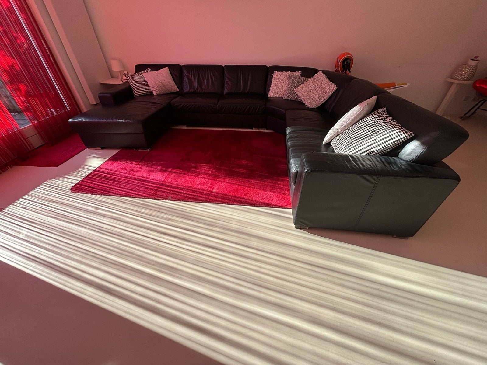 Zwarte leren 9-zits hoekbank met lounge, goede conditie, Hoekbank, 300 cm of meer, Leer, Ophalen of Verzenden