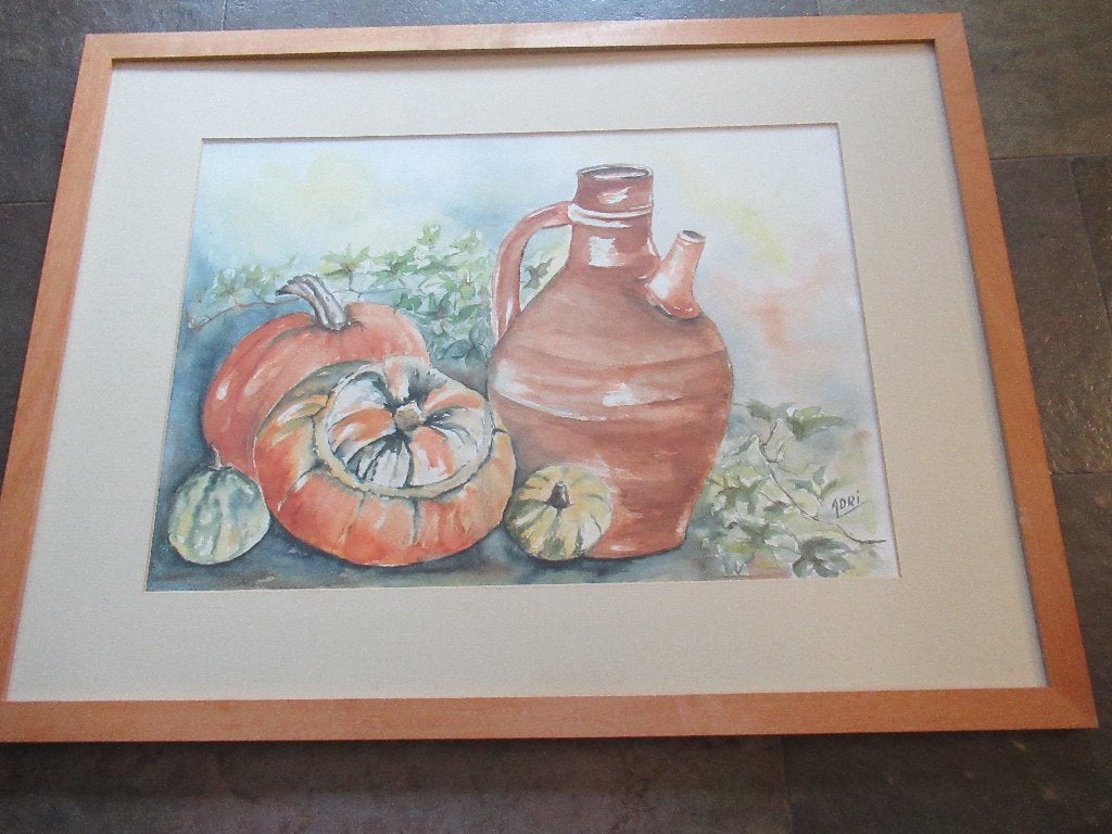 KALEBASSEN met kruik Aquarel in lijst gesigneerd 85x65 cm, Achter glas, Doek, Realistisch, Ophalen of Verzenden