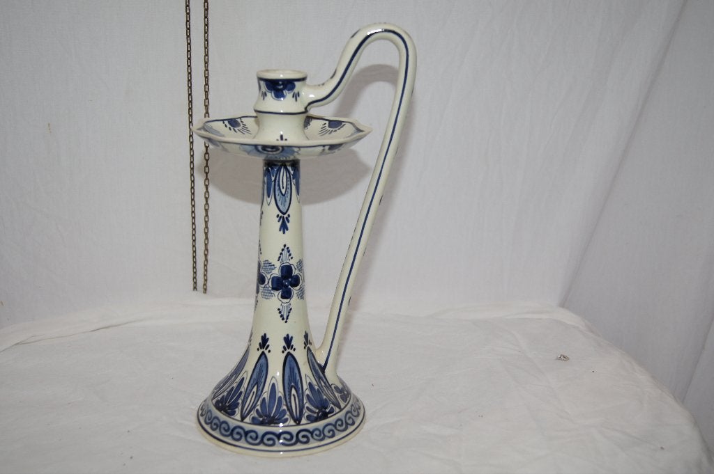 Delfts Blauw Kandelaar met Handvat - Handgeschilderd, Ophalen of Verzenden, Keramiek of Aardewerk