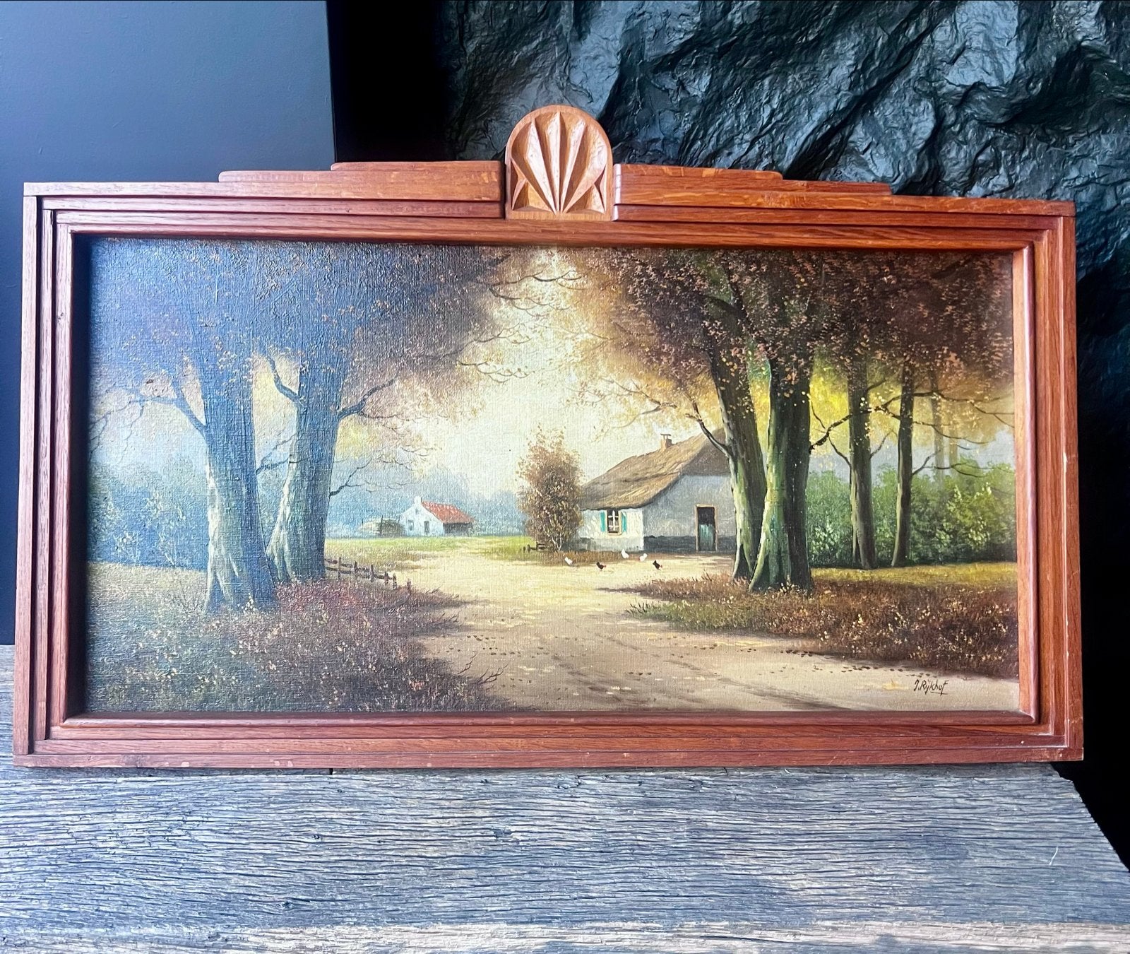 Schilderij J. Rijkhof - Landschap met boerderij, Antiek en Kunst, Doek, Realistisch, Ophalen of Verzenden, Gesigneerd