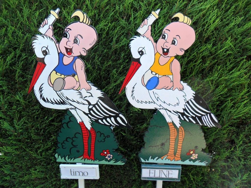 Ooievaar en baby blauw rompertje en drinkflesje, zie keuze., Kinderen en Baby's, Ophalen, Nieuw, Geboortebord