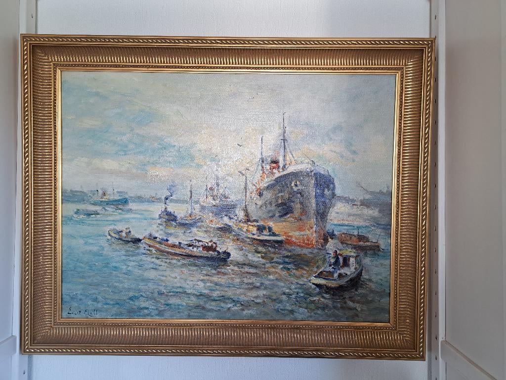 Schilderij Evert Moll, havengezicht Rotterdam, Antiek en Kunst, Kunst | Schilderijen | Klassiek, Ophalen