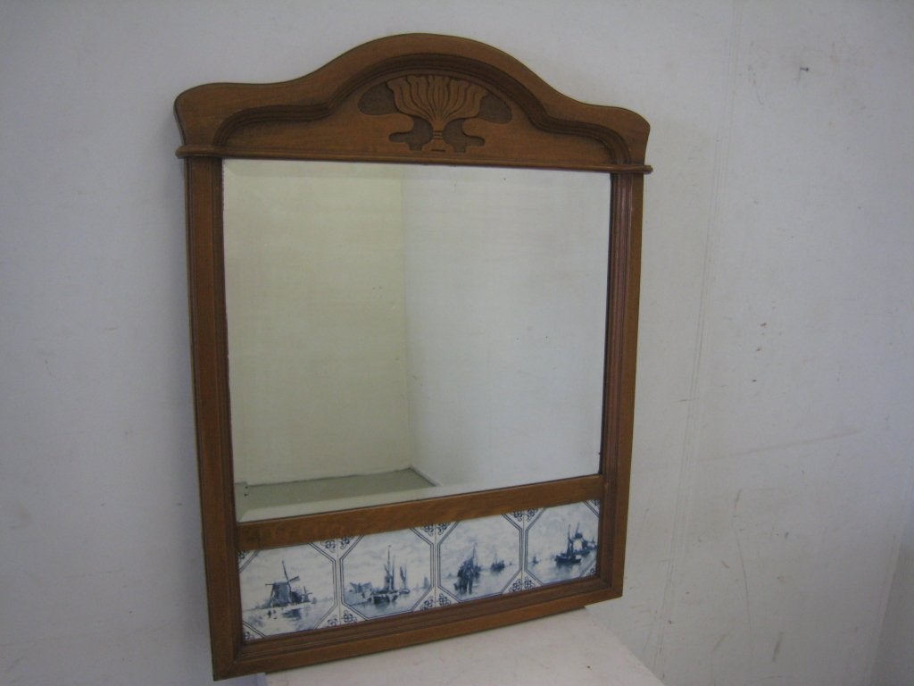 Jugendstil houten spiegel met Delfts Blauwe tegels, 72x92, Niet ingevuld, Gebruikt, Niet ingevuld, Niet ingevuld