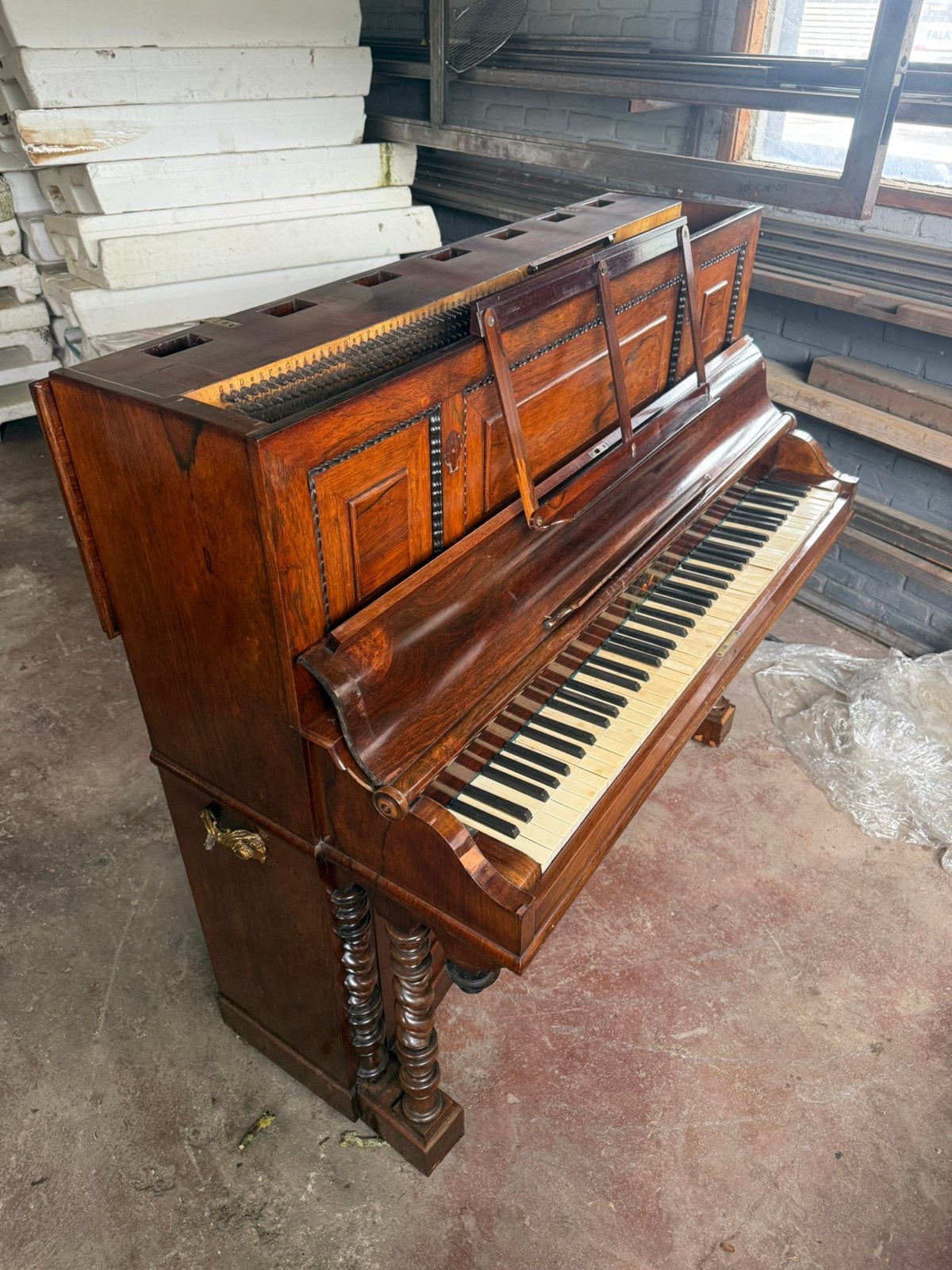 Antieke Belgische piano J.F. Evogelsangs Bruxelles (ca 1860), Muziek en Instrumenten, Piano's, Ophalen, Gebruikt, Bruin, Piano