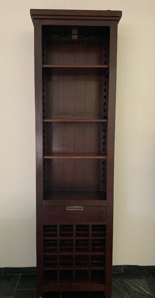 Mahonie boekenkast met wijnrek, Ophalen, Met plank(en), Strakke lijnen en warme houttint. Past in elk interieur, 200 cm of meer