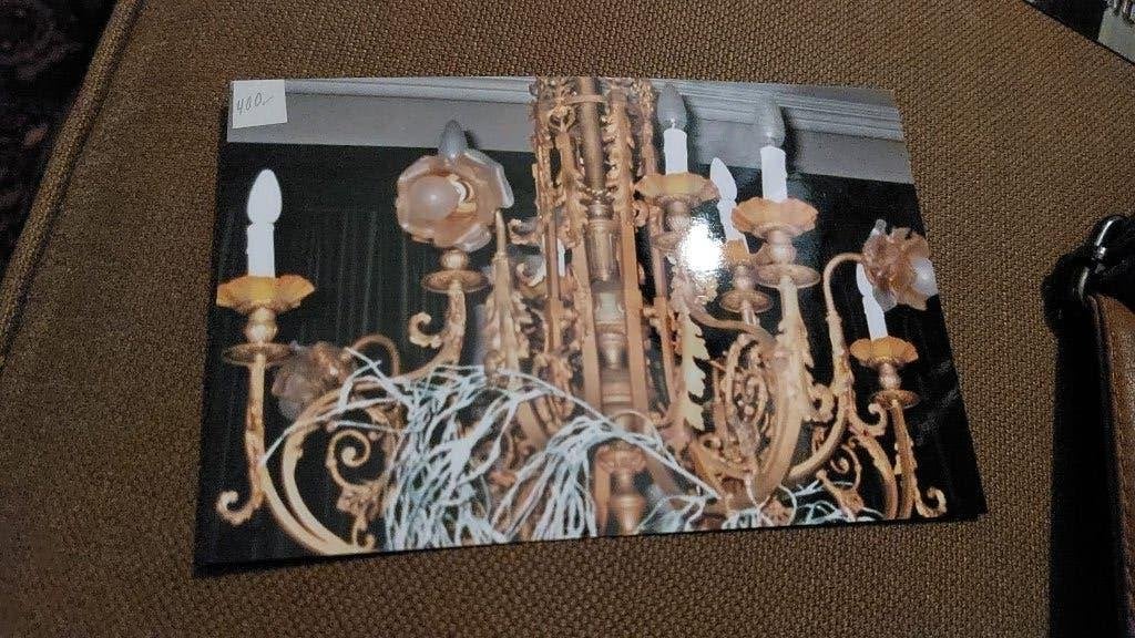 antieke grote koperen kroonluchter, Ophalen, Gebruikt, Glas