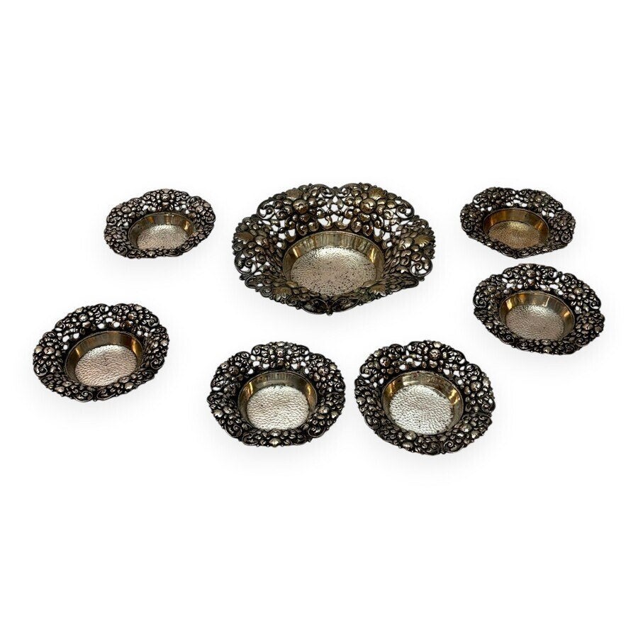 Djokja pindaset met schaaltjes (7x), mr. van Kempen, 1915, Antiek en Kunst, Ophalen of Verzenden, Zilver