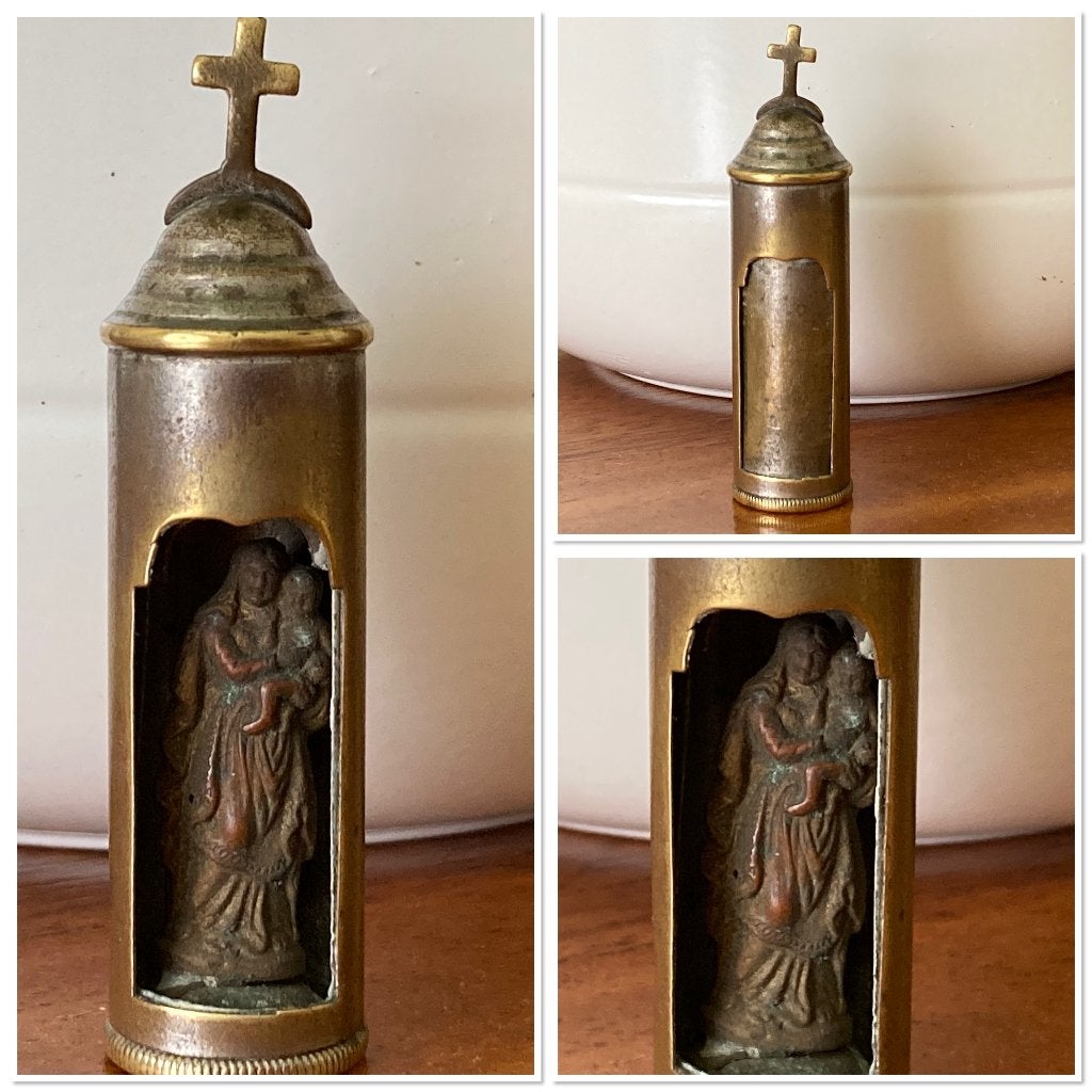 Antieke zakheilige, reisicoon, in draaikokertje, Antiek en Kunst, Ophalen of Verzenden