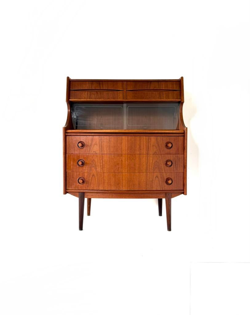 Vintage teakhouten secretaire, Gunnar Falsig ‘60, Ophalen of Verzenden, Zo goed als nieuw, Vintage retro buisframe design rotan webbing papercord deens