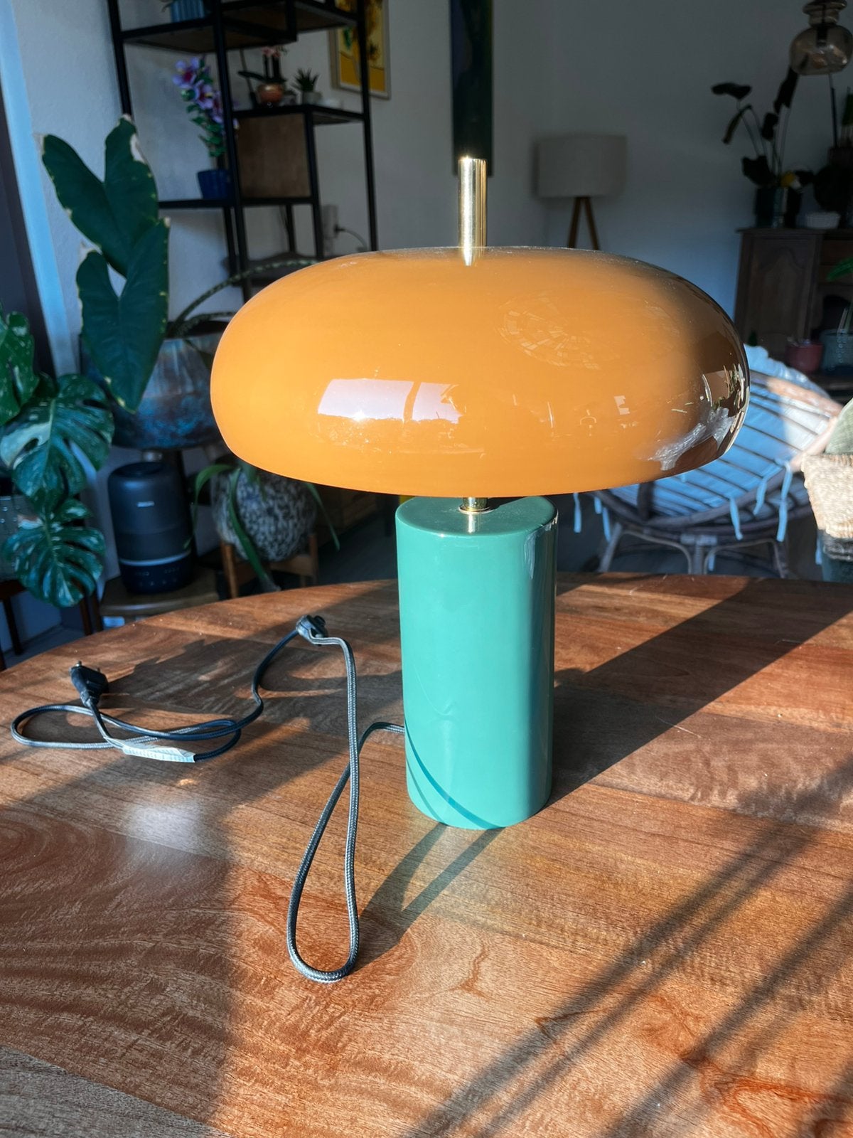 Paddenstoel tafellamp - bruin met groene (zgan), Met schakelaar, Paddenstoellamp, 45 cm, E14 (klein)