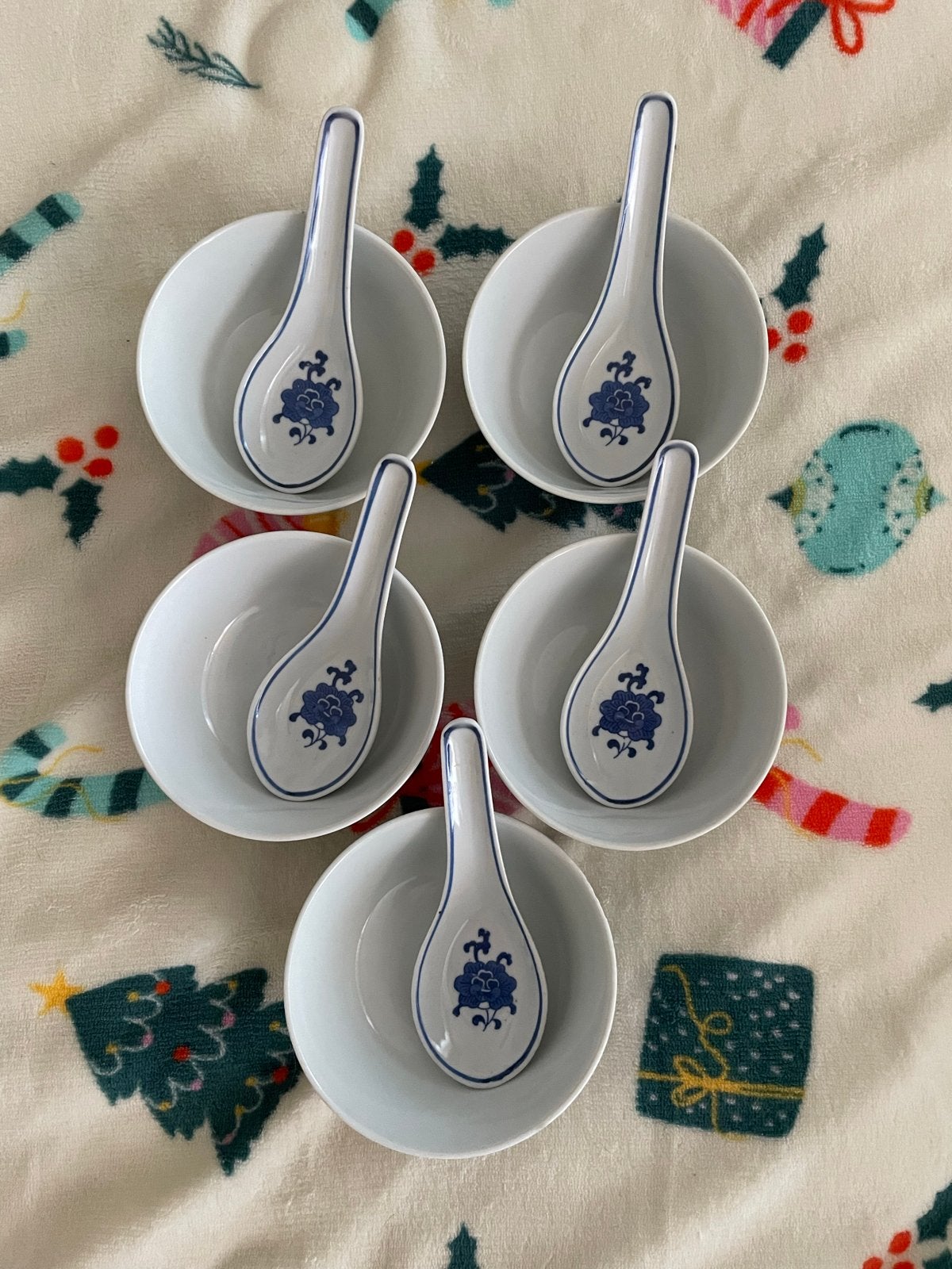 5 gebruikte Chinese porseleinen schaaltjes met lepels, Ophalen of Verzenden