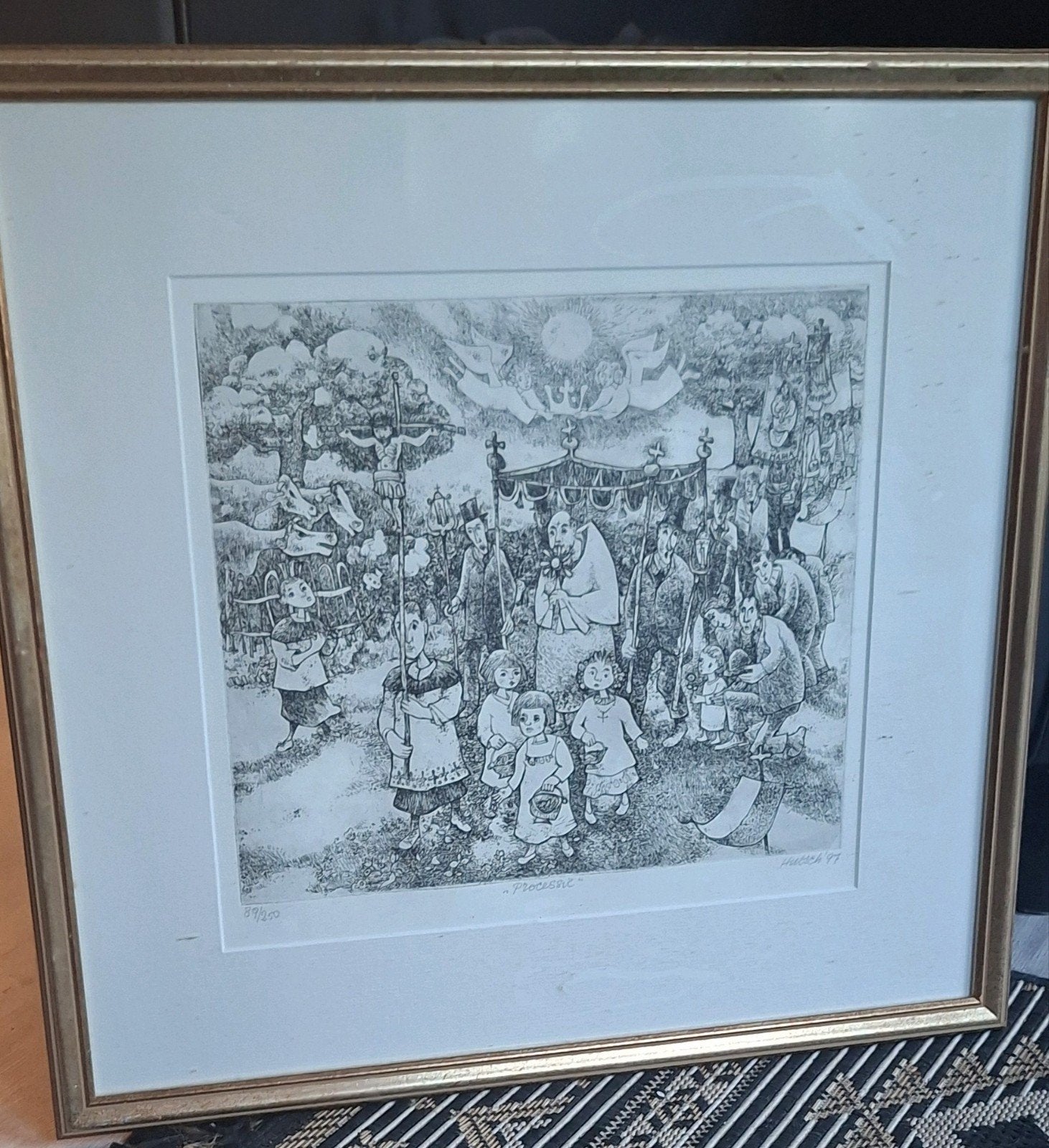 Ets 'Processie' van Hutsch, gesigneerd en genummerd, Antiek en Kunst, Ophalen, Ingelijst, Dagelijks leven, 1950 - 1999