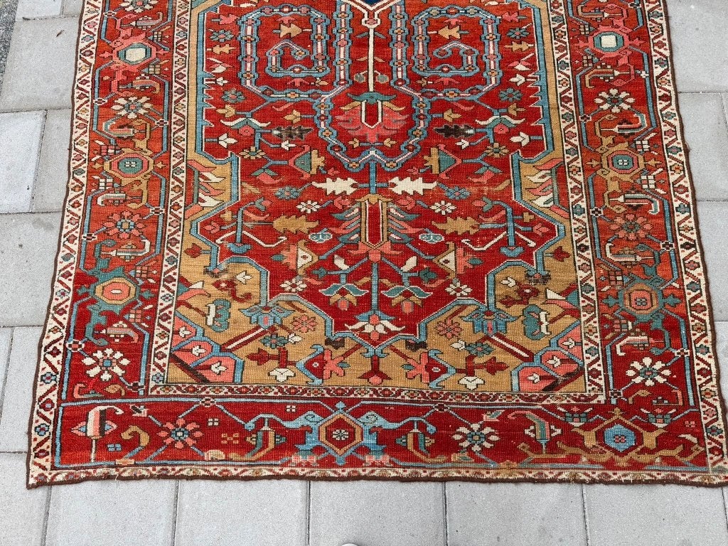 Antieke Heriz loper – 332x136 cm– unieke kleuren en tijdloos, Gebruikt, 200 cm of meer, Ophalen of Verzenden, Geel