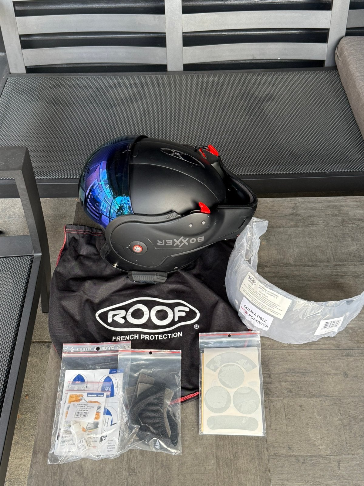 ROOF Boxer helm, maat XS, matte black, blauw vizier., XS, Systeemhelm, Heren, Tweedehands