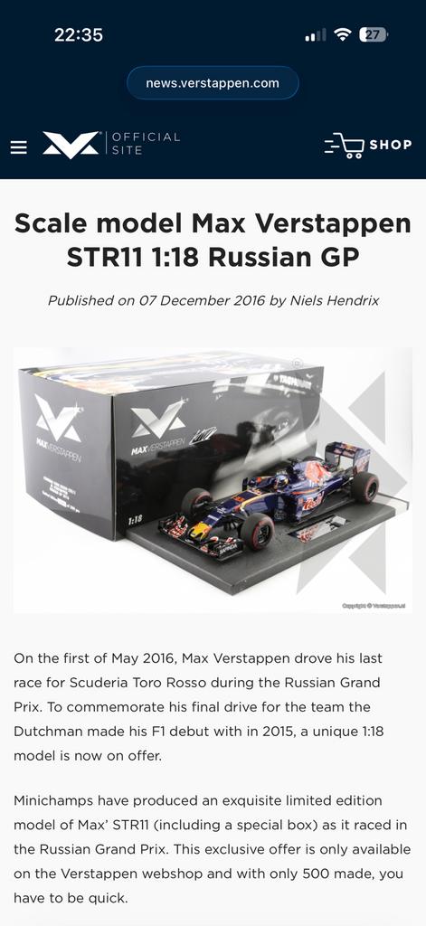 Max Verstappen 1:18 russian gp 500 minichamps, Ophalen of Verzenden, Zo goed als nieuw, Formule 1