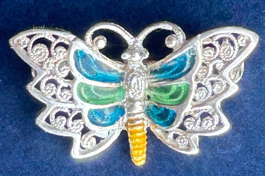 Zilveren Vlinder Broche – Filigrain met Emaille, Sieraden, Tassen en Uiterlijk, Antieke sieraden, Ophalen, Zilver, Broche