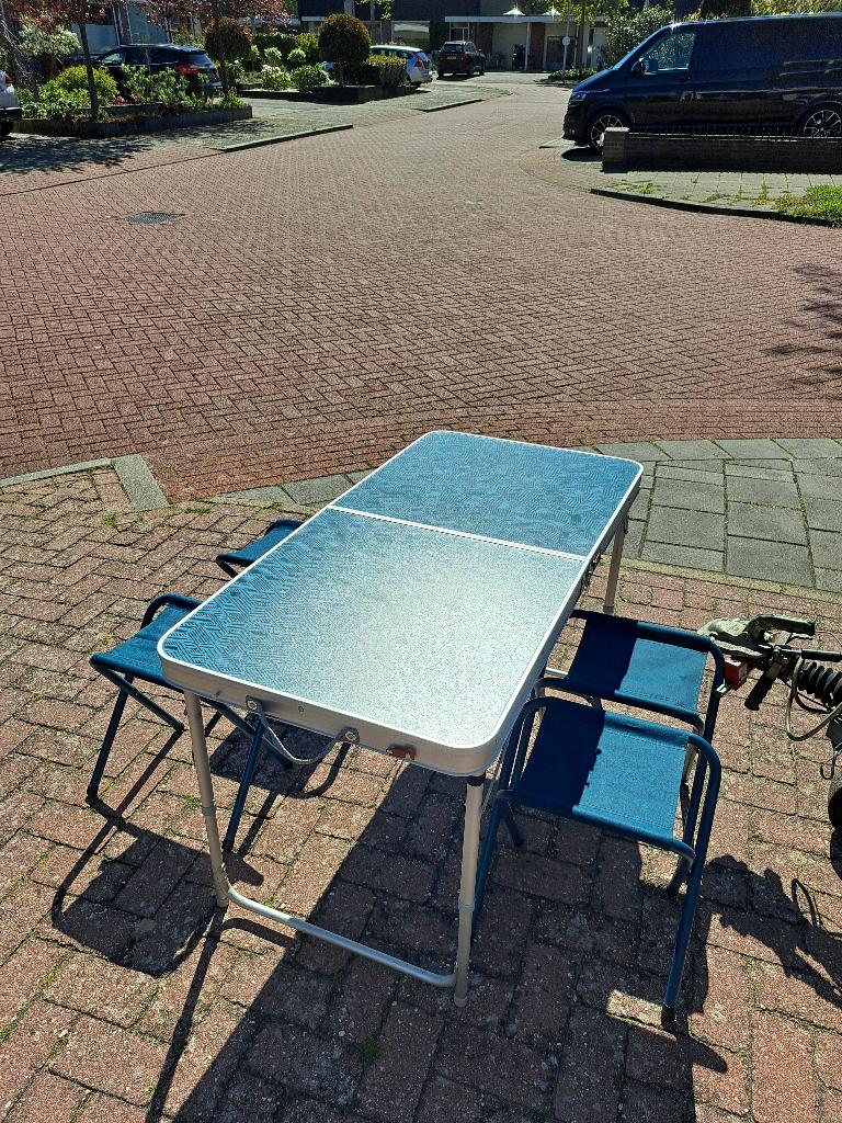 Opklapbare campingtafel + 4 krukjes, Ophalen, Zo goed als nieuw, Campingtafel