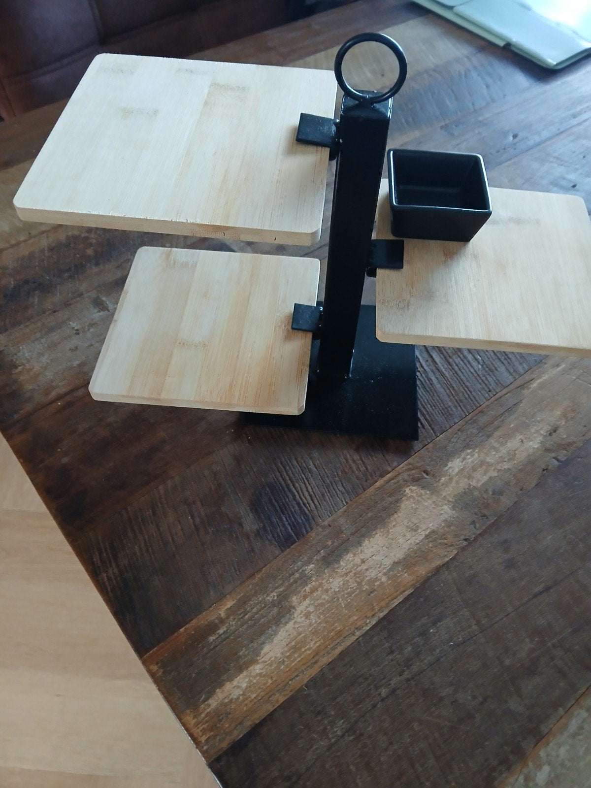 Dienblad met 3 niveaus - hout en metaal, Gebruikt, Met opstaande rand, Vierkant, Ophalen of Verzenden