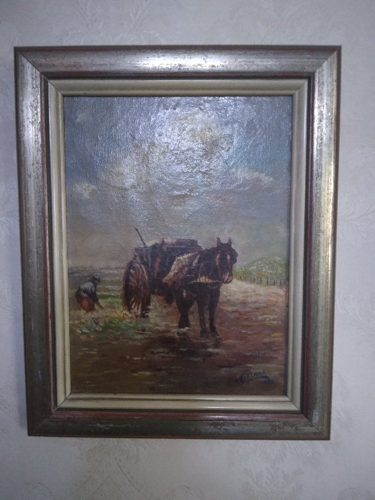 Schilderij Schelpenvisser, Antiek en Kunst, Ophalen, Maritiem / water, Doek, Oud hollands