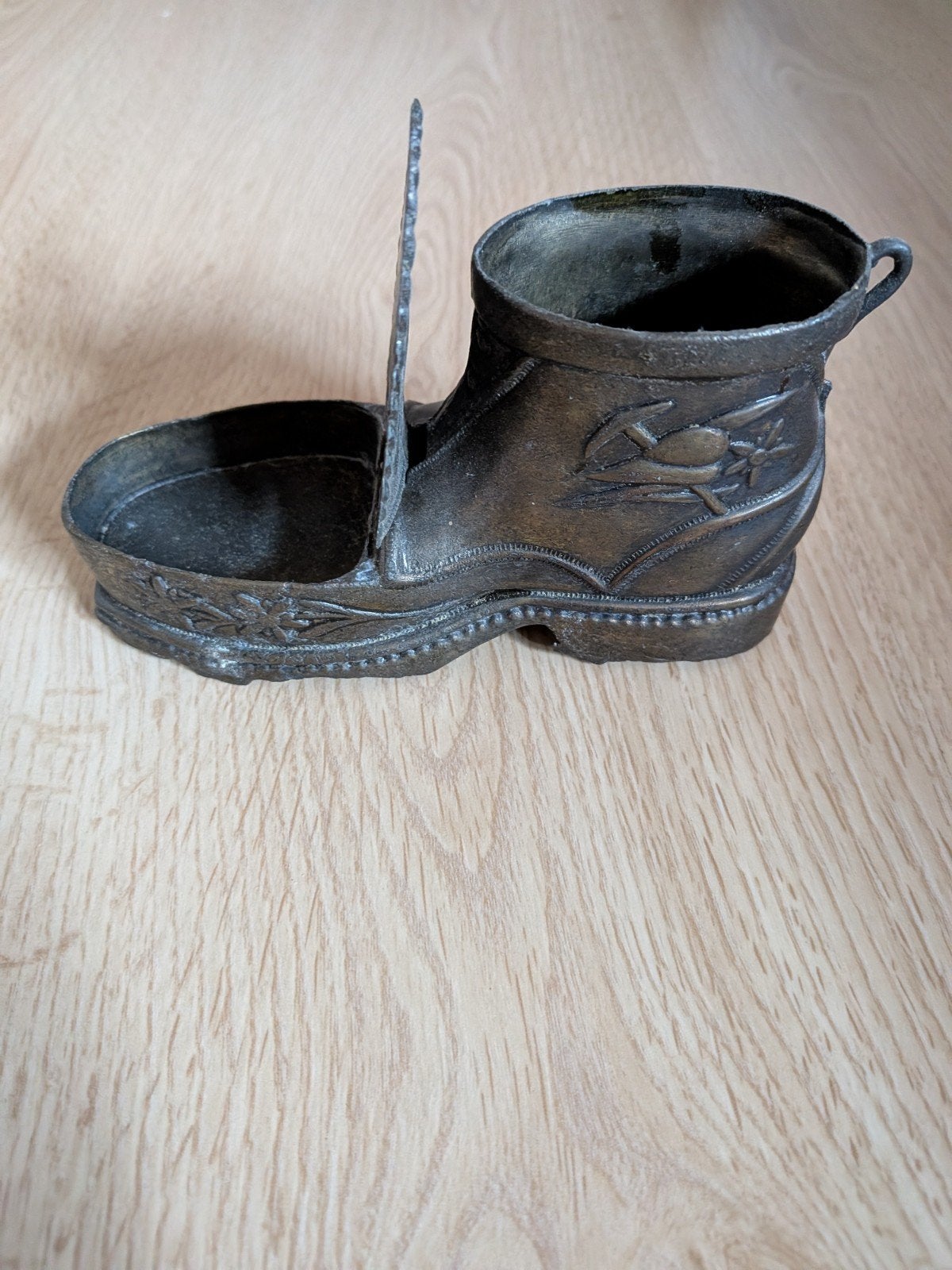 Antieke tinnen schoen met opklapbaar deksel, Ophalen of Verzenden