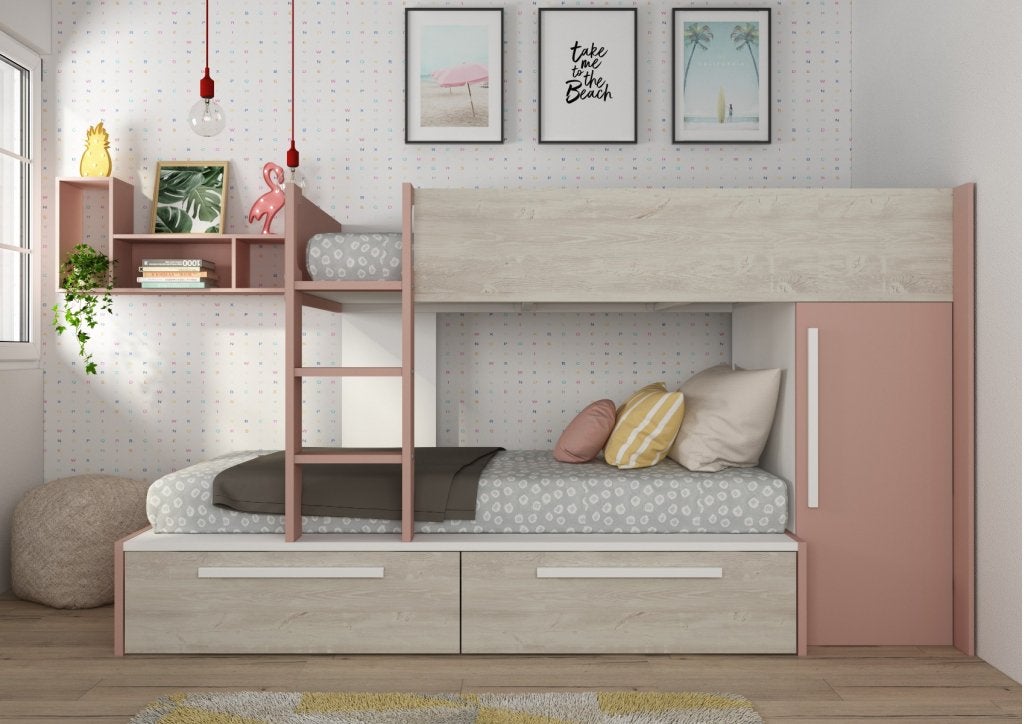 Jules stapelbed met kast en lades - 90x200 - Oudroze, Niet ingevuld, Niet ingevuld, Niet ingevuld