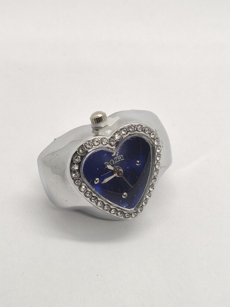 Zilverkleurig Retro Quartz Ringhorloge Hartvorm Blauw Strass, IJzer of Staal, Nieuw, Ophalen of Verzenden, 17 tot 18