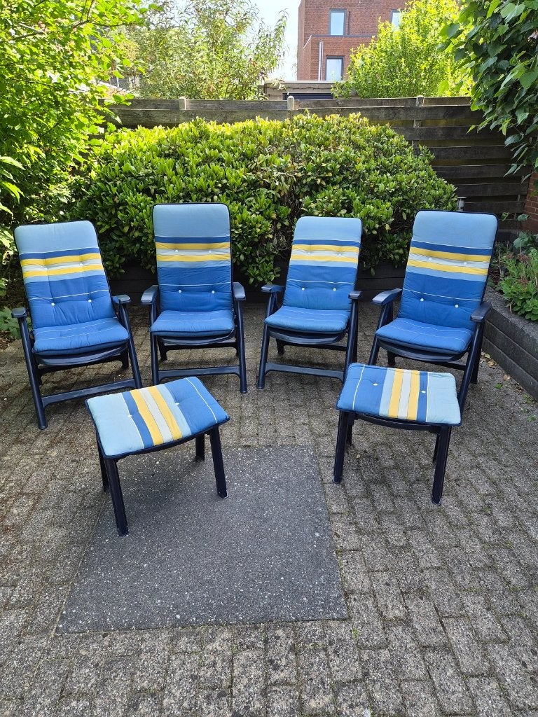 Prachtige Flair Plaisir verstelbare tuinstoelen met hockers, Tuin en Terras, Tuinstoelen, Ophalen, Gebruikt, Kunststof, Verstelbaar