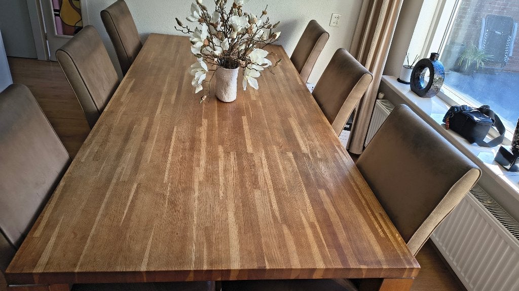 Massief houten eettafel met 6 stoelen, Ophalen, Gebruikt, Landelijke of moderne stijl, 4 tot 6 stoelen