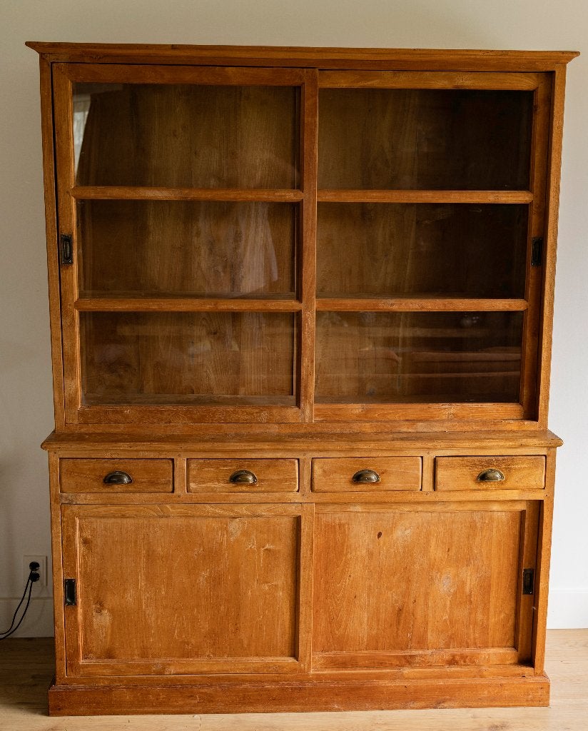 Prachtige massief teakhouten vitrinekast / buffetkast, Huis en Inrichting, Ophalen, Gebruikt, 200 cm of meer, 150 tot 200 cm