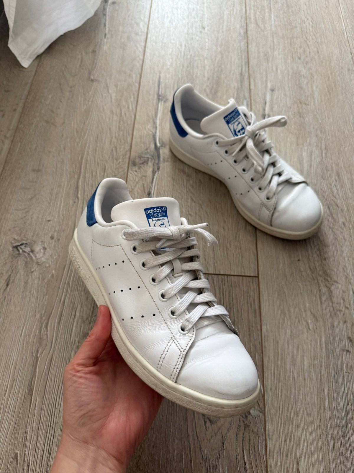 Adidas Sneakers Wit Blauw Stan Smith Maat 39,5, Verzenden, Gedragen, Wit, Sneakers of Gympen
