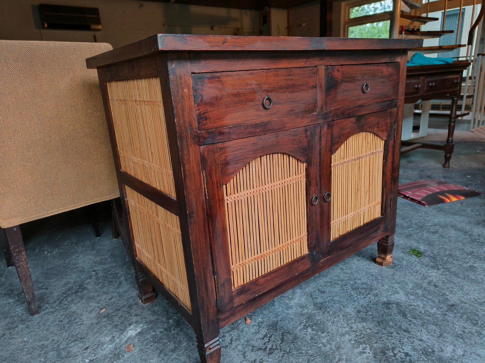teak houten dressoir met bamboe details, Ophalen, Gebruikt, Met lade(s), Koloniaal, Exotisch, Landelijk