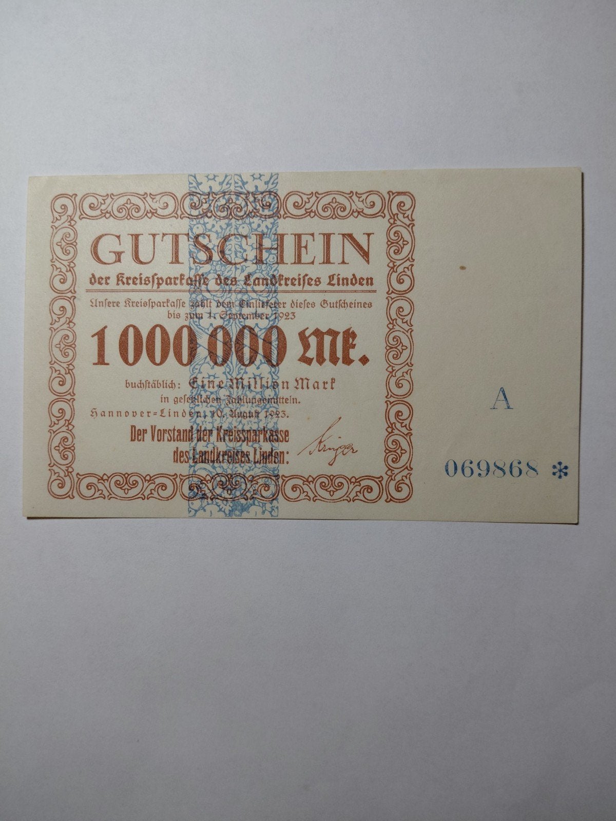 Duitse 1 miljoen mark 1923 Linden, Postzegels en Munten, Bankbiljetten | Europa | Niet-Eurobiljetten, Ophalen of Verzenden, Duitsland