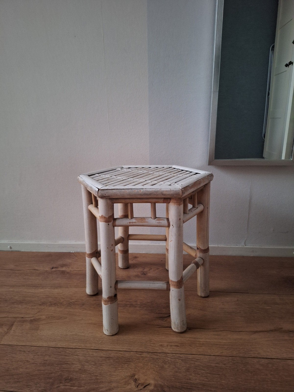 krukje bamboe wit ibiza style,  voor planten of decoratie, Ophalen, Hout