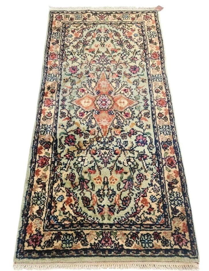 Handmade Persian wool Tabriz carpet loper mintgreen 90x180cm, Gebruikt, ., 200 cm of meer, Roemenië