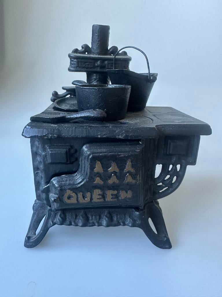 Antieke gietijzeren mini haard 'Queen' met accessoires, Ophalen of Verzenden